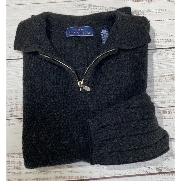 John Ashford Men's  Sweater Gray 100% Lambs Wool Knit Ribbed 1/4 Zip Medium - Picture 7 of 7